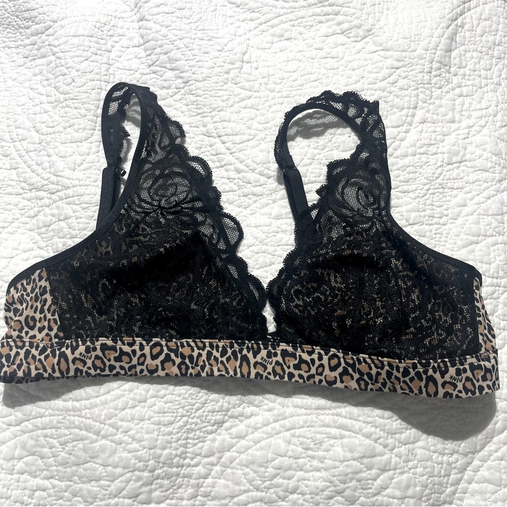 Pink black lace/animal print bralette size M
